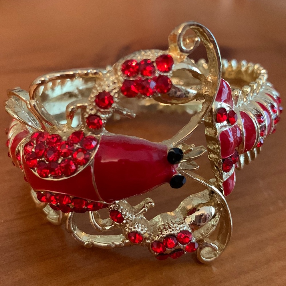 Lobster bracelet red & gold statement piece clasp coastal ocean beach design